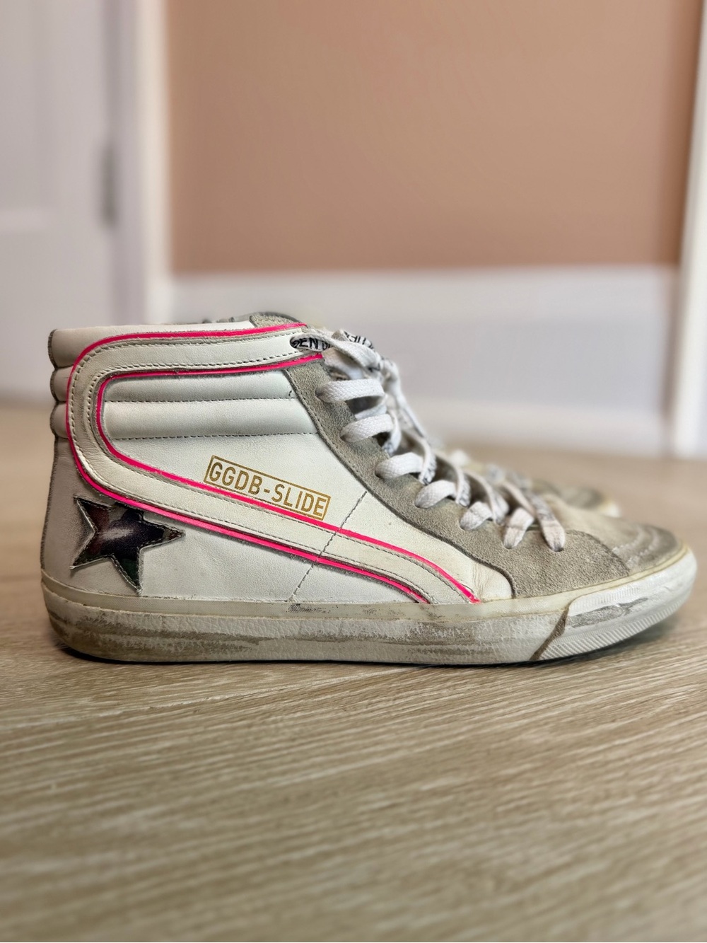 Golden Goose Slide High Top Sneakers White Pink Neon Zip Size 38